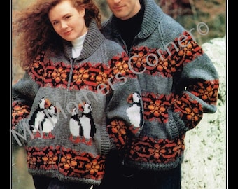 Suéter Puffin, nº 559, padrão em PDF, estilo Cowichan, vintage, lã White Buffalo, True North Knitting, cardigã, jaqueta, canadense