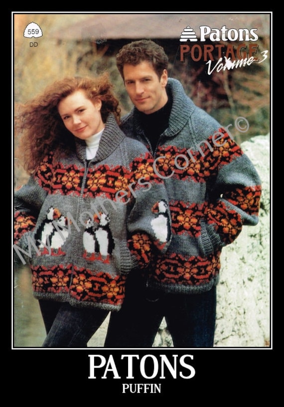 Puffin Sweater,#559, pdf pattern, cowichan style, vintage, white  buffalo,true north knitting,cardigan, jacket, canadian