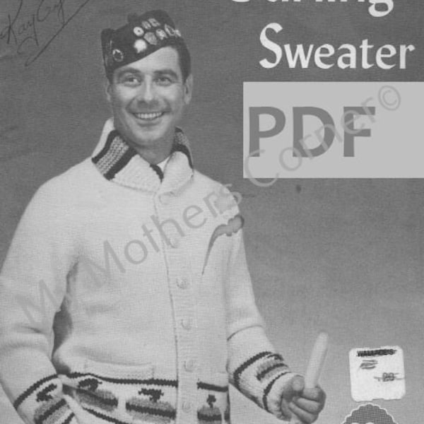 Pull curling Chieftan, modèle pdf, style cowichan, vintage, buffle blanc, tricot True North, cardigan, veste, canadien