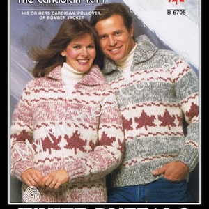 Weißer Büffel-Ahornblatt #B6705, Strickmuster, pdf, Strickmuster, Cowichan, vintage, weiß, Büffel, mymotherscorner, Strickjacke, Jacke, Canadian
