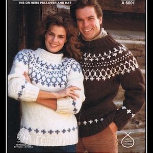 May include: A vintage knitting pattern featuring a couple wearing white and brown sweaters with a traditional Scandinavian design. The pattern is titled "White Buffalo The Canadian Yarn" and includes the product number "A 6001".