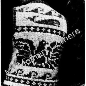 May include: Black and white knitted vest with a geometric pattern and a matching hat. The vest features a detailed design with various shapes and lines. The image is a vintage photograph, showcasing the texture and style of the knitted garment.
