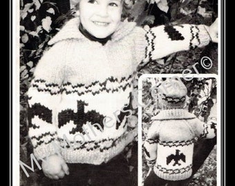 Childs Cowichan Thunderbird Sweater, pdf pattern, cowichan style, vintage, white buffalo,true north knitting,cardigan, jacket, canadian