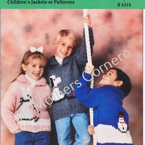 May include: Three children wearing knitted sweaters with animal and snowman designs. The sweaters are made with White Buffalo Unspun or Plus yarn. The text "White Buffalo" and "Children's Jackets or Pullovers" is visible at the top of the image. The image also includes the text "B 6410".