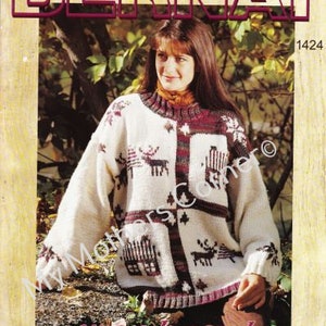 Carte postale pull # 1424, PDF, style cowichan, vintage, buffle blanc, coin des mères, cardigan, veste, canadien