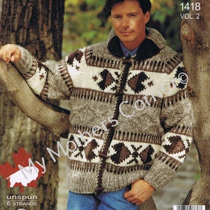 May include: A brown, white and black patterned sweater with a high collar and toggle closures. The sweater is made with unspun wool and is part of the White Buffalo The Canadian Yarn collection. The pattern number is 1418, Volume 2.