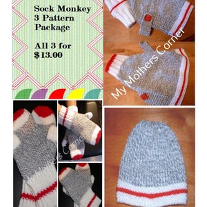 Puede incluir: Un conjunto de tres patrones de tejido para un gorro de mono de calcetín, guantes y un gorro. Los patrones son todos grises con rayas rojas y blancas. Los patrones están disponibles por 13,00 €. "My Mothers Corner" está impreso en la imagen.