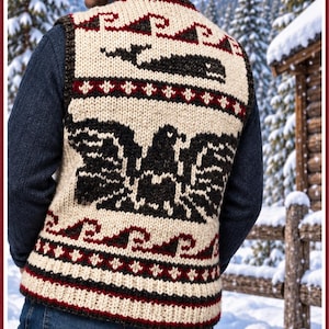 May include: A cream-coloured knit vest featuring a large black eagle graphic, a whale, and wave patterns in black and dark red. The vest includes a matching knit cap with geometric designs. The text "WHITE BUFFALO Pattern 201" is visible.