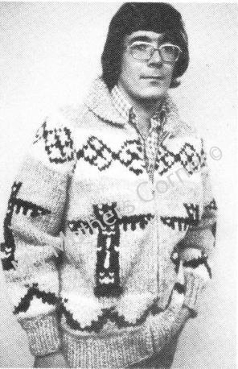 White Buffalo Sweater 17, pdf knitting pattern, cowichan style, vintage, white buffalo,true north knitting,cardigan, jacket, canadian image 1