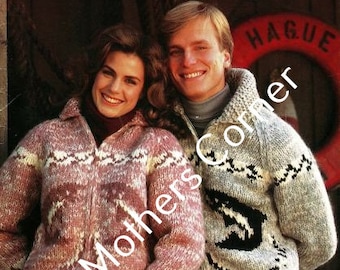 White Buffalo Sweater #B6130, pdf knitting pattern, cowichan style, vintage, white buffalo,mymotherscorner,cardigan, jacket, canadian