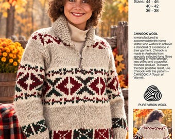 Suéter White Buffalo #c Chinook, patrón de tejido en PDF, estilo Cowichan, vintage, White Buffalo, cárdigan, chaqueta, canadiense