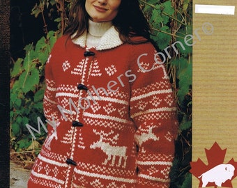 Northern Trails, n° 1419, modèle pdf, style cowichan, vintage, buffle blanc, tricot True North, cardigan, veste, canadien