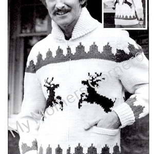 White Buffalo  Sweater #416, Reindeer,pdf knitting pattern, cowichan style, vintage, white buffalo,cardigan, jacket, canadian