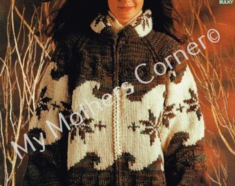 Vagues et flocons de neige, n° 1267, modèle pdf, style cowichan, vintage, buffle blanc, tricot True North, cardigan, veste, canadien