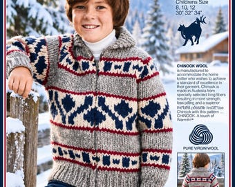Suéter White Buffalo #10c Chinook, patrón de tejido en PDF, estilo Cowichan, vintage, búfalo blanco, cárdigan, chaqueta, canadiense