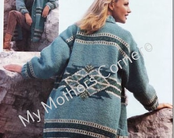 Suéter Foothills, n.° 573, patrón en PDF, estilo cowichan, vintage, tejido de búfalo blanco, tejido True North, cárdigan, chaqueta, canadiense.