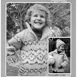 May include: A black and white photo of two children wearing knitted sweaters. The sweater on the left is a white and grey chevron pattern. The sweater on the right is a solid white with a white knit hat. The text "504 WEST WIND" is at the top of the image. The text "SIWASH 6 PLY CARDED WOOL" is at the bottom of the image.
