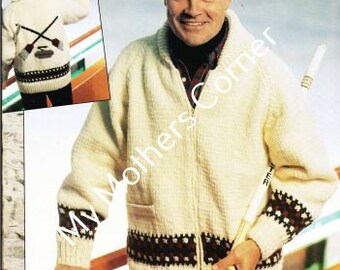 Veste de curling n° 557, modèle de tricot pdf, style cowichan, vintage, buffle blanc, tricot True North, cardigan, veste, canadien