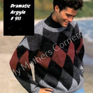 May include: A black, grey and burgundy argyle sweater with a diamond pattern. The sweater has a crew neck and long sleeves. The text "Dramatic Argyle # 911" is visible in the image.