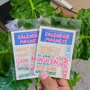 May include: Two identical clear plastic packages containing sets of calendar magnets. Each white backing card features a blue header with the text "STICKERS X SAMANTHA" and "CALENDAR MAGNETS" in pink. The magnets include phrases like "TIMESHEET DUE", "VACATION", "OFFICE CLOSED", "ELAINE", and "APPOINTMENT" in various colors.