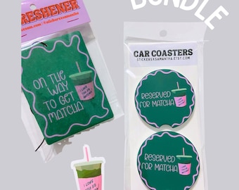 Matcha Bundle Hanging Car Air Freshener, Ceramic Car Coasters, and Waterproof Sticker