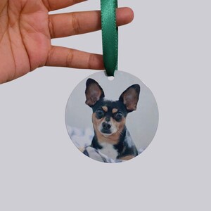 May include: A round, white ornament featuring a color photograph of a small dog with black, brown, and tan fur. The ornament is suspended by a green ribbon. The dog has large, pointed ears and is looking directly at the viewer.