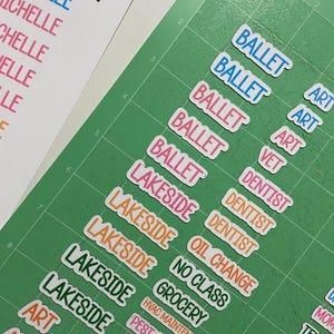 May include: A green cutting mat featuring rows of die-cut adhesive labels in various colors including blue, pink, orange, and green. The labels display text such as BALLET, ART, VET, DENTIST, LAKESIDE, OIL CHANGE, NO CLASS, GROCERY, HVAC MAINTENANCE, and PEST CONTROL.
