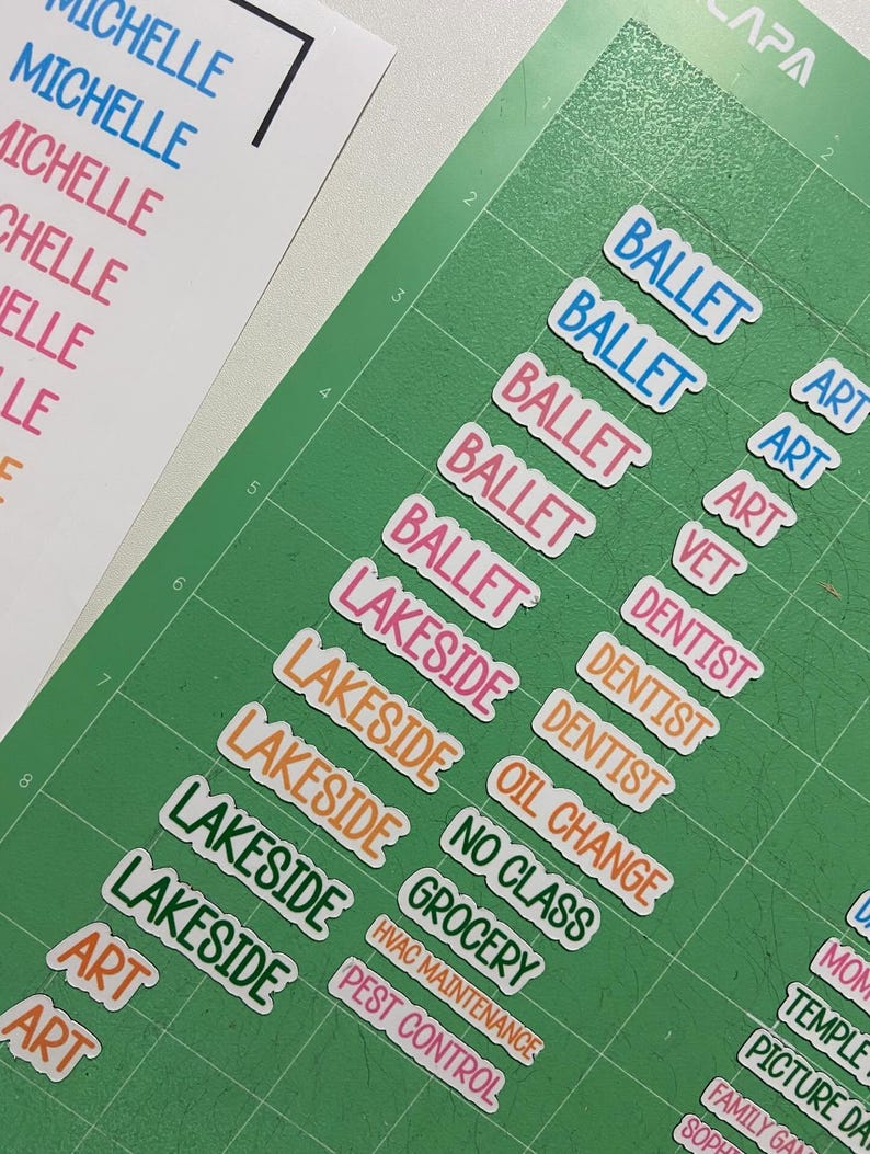 May include: A green cutting mat featuring rows of die-cut adhesive labels in various colors including blue, pink, orange, and green. The labels display text such as BALLET, ART, VET, DENTIST, LAKESIDE, OIL CHANGE, NO CLASS, GROCERY, HVAC MAINTENANCE, and PEST CONTROL.