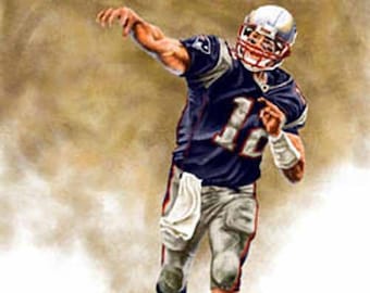 May include: A painting of a football player in a blue and white uniform throwing a football. The player is wearing a helmet and has a determined expression on his face.