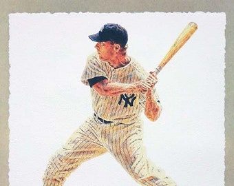 May include: A color illustration of baseball player Mickey Mantle in a batting stance wearing a New York Yankees uniform. The image is titled "Baseball's Greatest On One Field" with the text "Bullpen Graphics" below.
