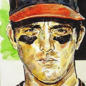 May include: A watercolor painting of a baseball player wearing a black and orange baseball cap with an "A" on the front. The player has a serious expression on his face.
