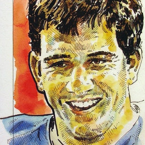 May include: A watercolor painting of a man with short brown hair. He is smiling and wearing a blue shirt. The background is a red and orange watercolor wash.