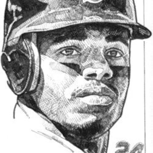 May include: Black and white pen and ink drawing of a baseball player wearing a baseball cap with a team logo. The player is wearing a jersey with the number 24 on it.
