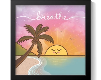 Mindfulness Art Print, Breathe Wall Art, Coastal Sunset Decor, Calming Beach Scene