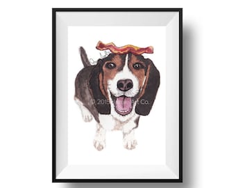 Beagle Dog Art, Whimsical Pet Wall Decor, Bacon Dog Print, Pet Lover Gift