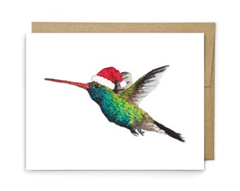 Tarjeta navideña de colibrí, felicitación navideña con aves de jardín, regalo para amantes de los colibríes, tarjeta de felicitación en blanco