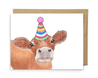 Verjaardagskaart met koe, boerderijdieren wenskaart, kinderverjaardag, boerderijfeestje