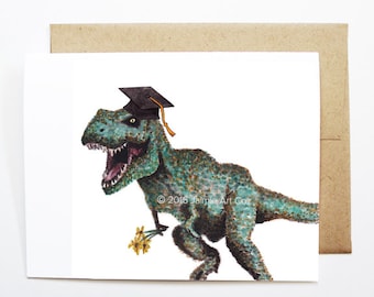 May include: A green dinosaur wearing a black graduation cap and holding yellow flowers. The dinosaur is walking and has a happy expression. The text "© 2016 Jaime Art Co." is printed below the dinosaur.