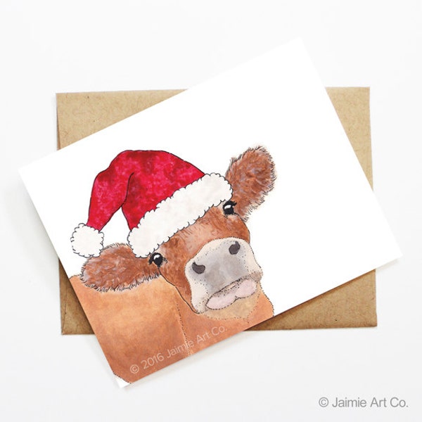 Christmas Card - Cow, Cute Christmas Card, Animal Christmas Card, Holiday Card, Xmas Card, Seasonal Card, Christmas Card Set, Cow Card