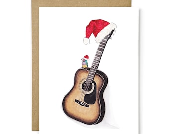 Tarjeta navideña de guitarra, felicitación navideña con gorro de Papá Noel y pinzón, regalo para amantes de la música, tarjeta de felicitación en blanco.