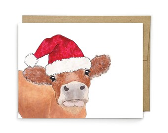 Cow Christmas Card, Farm Animal Holiday Greeting, Cow Lover Gift, Blank Greeting Card