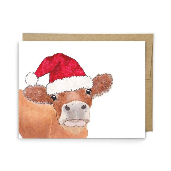 Cow Christmas Card, Farm Animal Holiday Greeting, Cow Lover Gift, Blank Greeting Card