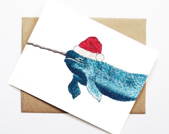 Christmas Card - Narwhal, Cute Christmas Card, Animal Christmas Card, Holiday Card, Xmas Card, Seasonal Card, Christmas Card Set