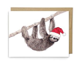 Tarjeta navideña de perezoso, felicitación navideña con animales tropicales, regalo para amantes de los perezosos, tarjeta de felicitación en blanco.