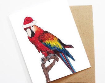 Christmas Card - Parrot, Cute Christmas Card, Animal Christmas Card, Holiday Card, Xmas Card, Seasonal Card, Christmas Card Set, Parrot Card