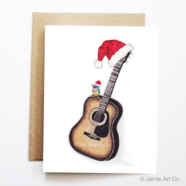 Carte de Noel - Guitare, Carte de Noel mignonne, carte de Noel animale, carte de vacances, carte de Noel, carte saisonnière, ensemble de carte de Noel, carte de guitare