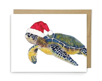 Tarjeta navideña de tortuga, felicitación navideña con animales marinos, tarjeta de felicitación en blanco, regalo para amantes de las tortugas.