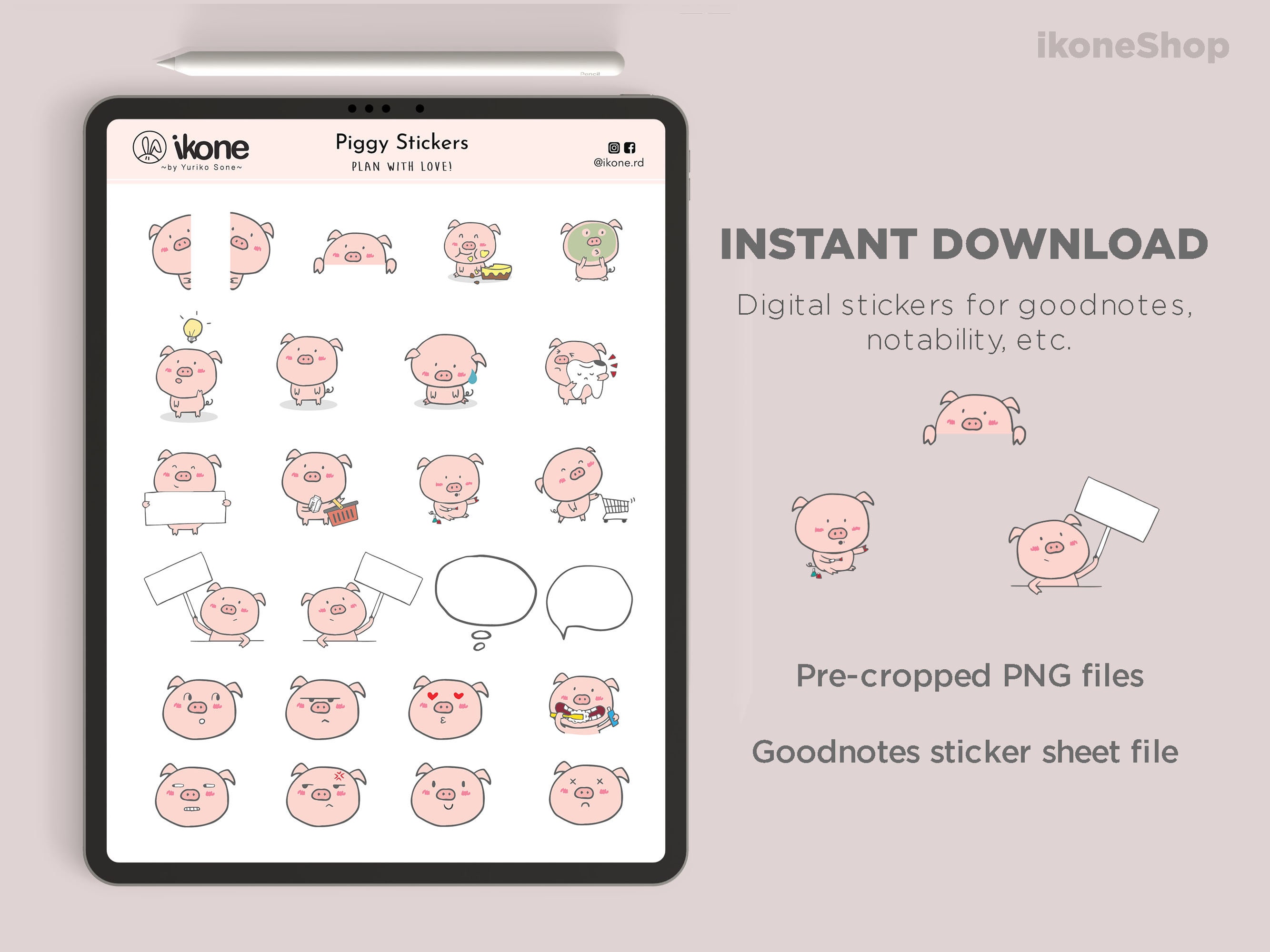 Cute Piggy Digital Stickers, Kawaii Pig Digital Planner Stickers ...