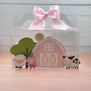 Barn Gable box• Clear  favor box •Gilrs Farm favor boxes • barnyard favor box • Pink farm party box • Clear  Treats boxes