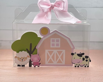 Barn Gable box• Clear  favor box •Gilrs Farm favor boxes • barnyard favor box • Pink farm party box • Clear  Treats boxes